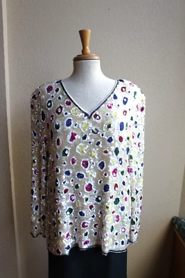 VTG 80's Black Tie He-Ro unique Sequin Beaded Silk Top Evening Bright Formal Top - Image 1 of 4