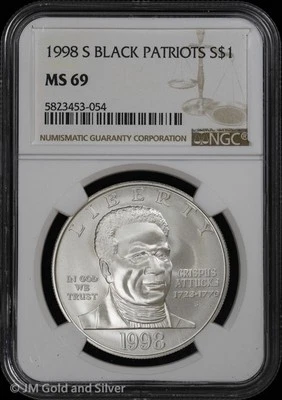 1998-S $1 Black Patriots Crispus Attucks Commem Silver Dollar NGC MS 69 | UNC BU - Image 1 of 4