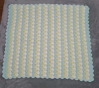 Baby Afghan Crochet Scalloped Pattern, Green, Yellow, White, 34" x 36" - Image 1 of 4