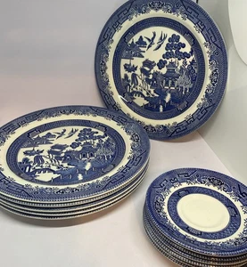 Churchill Blue Willow Set of 6 -10 1/4" Dinner Plates & 6 -5 1/4” Saucer Plates - Picture 1 of 7