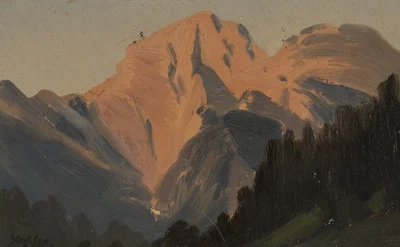 J. SCHLÖGL (1851-1918), Gipfel im Abendrot, Öl Realismus Landschaft 1800-1849 - Bild 1 von 4