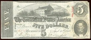 T60 CSA Estados Confederados de América $5 1863 *¡Billete de la Guerra Civil!* - Imagen 1 de 2