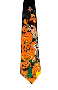 Vintage Looney Tunes Halloween Neck Tie Bugs Bunny Daffy Duck Taz Pumpkins EUC - Picture 1 of 9