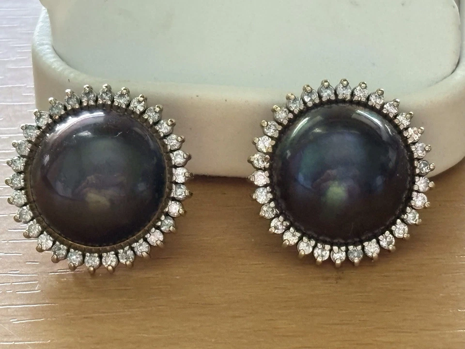 14K Black mobey pearls earrings,18mm pearls,.60pt.diamonds,Omega clips,$1650.00 - Image 1 of 4