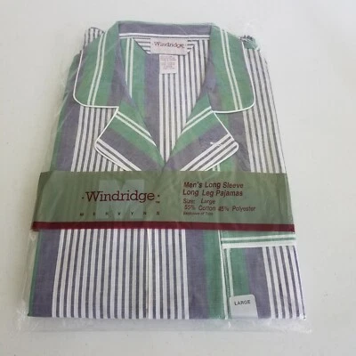 复古 Windridge 条纹睡衣男式 L 90 年代 Mervyn's 棉/Poly PJ 绿色 — 第 1/4 张图片