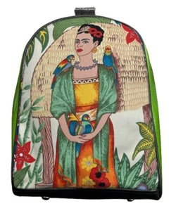 US HANDMADE Mini Backpack with "FRIDA KAHLO PARROTS 2" Pattern Shiny Green Side - Foto 1 di 4