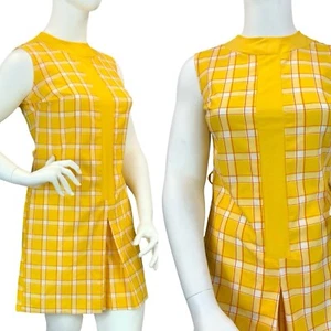 VTG 60S 70S YELLOW RED WHITE PLAID RETRO MOD PLEAT PLAYSUIT JUMPSUIT 16 14 - Picture 1 of 10