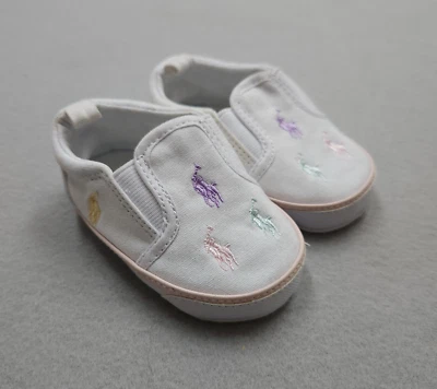 Ralph Lauren Shoes Baby Infant Size 3 (6-9 Mo) Girls White Pink Slip On Pony AOP - Image 1 of 4
