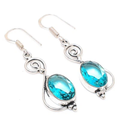 Gradevole Topazio Blu Gemma 925 Argento Sterling Fatto a Mano Orecchino S-42 - Immagine 1 di 4