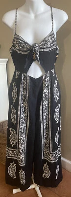 Free People Sz  4 Feel The Sun Linen Wide Leg Jumpsuit Romper Paisley Black - Image 1 of 4