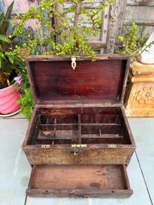 1800's Ancient Wooden Hand Carved Brass One Drawer Trunk Box Chest Box - Picture 1 of 21