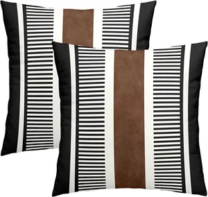 Boho Decorative Throw Pillow Covers 18X18 Inch Black White Brown Stripe Set of 2 - Picture 1 of 12