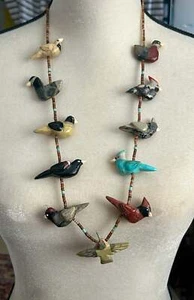 Sterling Silver Heishi Carved Bird Fetish Necklace 11 Birds Turquoise Mixed - Picture 1 of 7