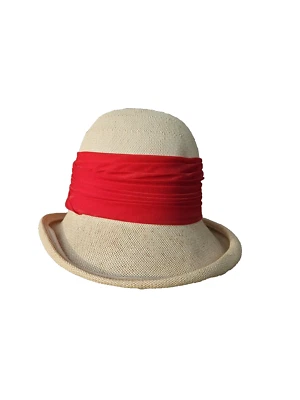 Sombrero de verano de paja tejido Patrice vintage para damas faja roja borde enrollado cúpula alta Foto 1 de 4