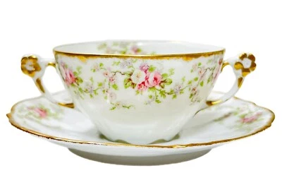 LIMOGES France Elite Works Floral Pattern Double Handle Porcelain Cup & Saucer - Image 1 of 4