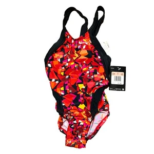 NWT Nike Size 20 Girls 5 One Piece Swimsuit Geometric Pattern Red Black Silver - Picture 1 of 2