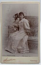 1890's Cabinet Card Young lady with Flowers on Bench Portrait ~ Scott Chicago