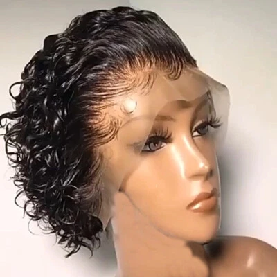 Short Curly Human Hair Wigs Pre Plucked 13*1 Lace Front Wig Water Wave Pixie Wig - Image 1 of 4