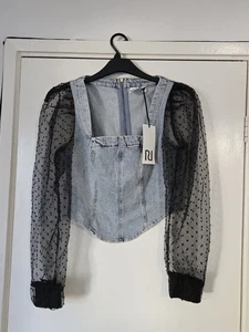 BNWT River Island Denim Top With Black Puff Shoulder Mesh Sleeves. Size 10. - Picture 1 of 8
