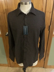 NWT Perry Ellis Flannel Untucked Shirt Large Brown Black Check Shorter Length - Picture 1 of 10