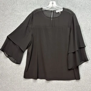 Kasper Knit Top Womens Size XL Black Sheer Yoke Sheer Flutter Sleeve Whimsigoth - Picture 1 of 11