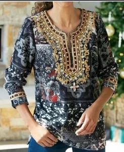 Soft Surroundings Womens Venetian Top Size Medium Multi Beaded Velvet Paisley - Picture 1 of 12