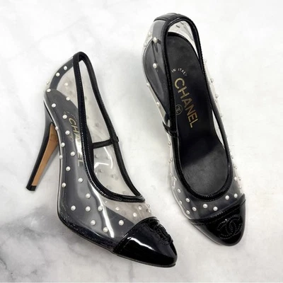 Zapatos de tacón Chanel vintage CC marca de coco perla lunares transparentes 35,5 Foto 1 de 4