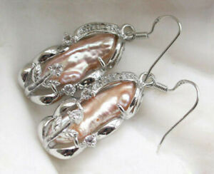 12x26mm Natural White Baroque Biwa Freshwater Pearl Dangle Silver Hook Earrings