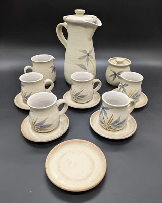 Vintage Stanion Studio Pottery Coffee Set Stoneware Floral Cups Saucers Milk Jug - Image 1 of 4