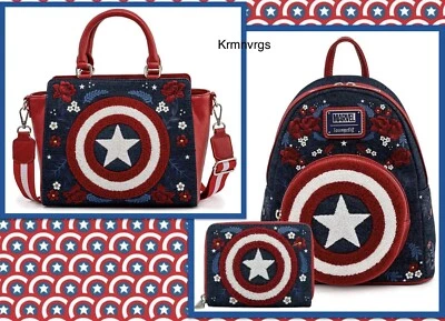 LOUNGEFLY Marvel CAPTAIN AMERICA 80th Anniv Mini Backpack Crossbody Wallet Set - Image 1 of 4