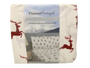 Flannel From Portugal Red Reindeer Flannel Sheet Set 4 Piece King 100% Cotton - Picture 1 of 2