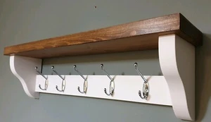 Coat Rack With Shelf wooden Wall mounted 5 Silver Hooks All White Dark Oak Wax - Picture 1 of 9