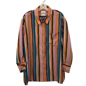 Dubgee Womens Size L Pink Multicolor Striped Colorblock 3/4 Sleeve Shirt - Picture 1 of 8