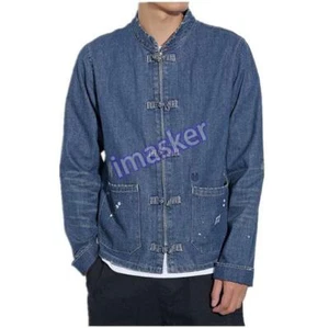Men's Retro Denim Jacket Tang Suit Chinese Hanfu Cotton Loose Casual Work Jacket - Picture 1 of 23