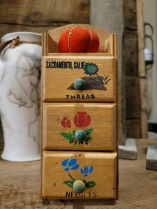 Vintage Wall Mount Wood Sewing Chest of Drawers Storage Box 3 drawers labeled - Picture 1 of 7