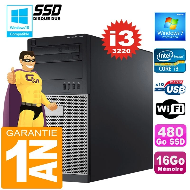 PC Tour DELL 7010 Core I3-3220 Ram 16Go Disque 480 Go SSD Graveur DVD Wifi W7 - Bild 1 von 1