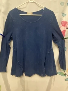 Altar'd State Peasant Blouse Women’s L Stitched Panels Boho Blue Chambray Top - Picture 1 of 7