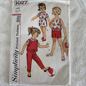 1950s Vintage Simplicity 3027 Girls Top Blouse Shorts Pants Pattern Size 4 Cut