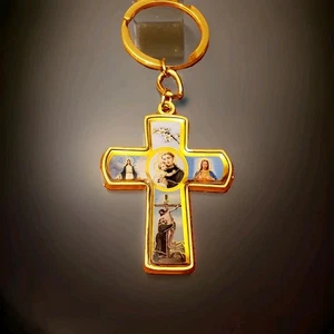 St Anthony Goldtone Cross Pray For Us KeyRing Keychain New  - Picture 1 of 2