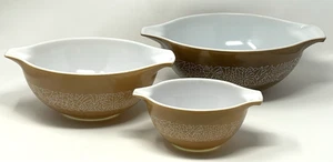 Vintage Pyrex Woodland Brown Set of 3 Cinderella Mixing Bowls 441, 443, 444 - Picture 1 of 23