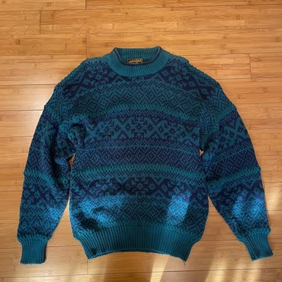 Eddie Bauer Men's Teal Blue Nordic Pattern Sweater Size M Cotton 90s Vintage - Image 1 of 4
