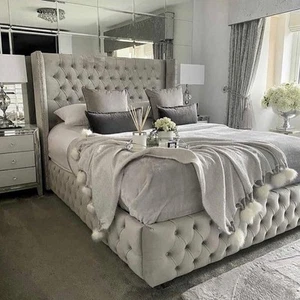 Luxury Wings Upholstery Chesterfield Bed Frame Plush Velvet Storage& Mattress - Picture 1 of 5