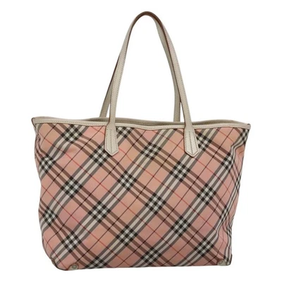 Auténtico bolso de mano BURBERRY Nova Check etiqueta azul nailon rosa blanco plata EC681 Foto 1 de 4