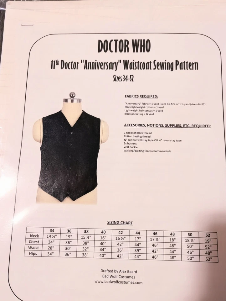 11th Doctor "Anniversary" Waistcoat Sewing Pattern (Doctor Who Cosplay Pattern) - Image 1 of 1