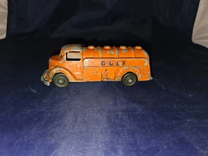 Vintage Druckguss Spielzeug 4 Kuppeln GULF Öl Benzin Tankwagen orange 6" Pressstahl - Bild 1 von 8