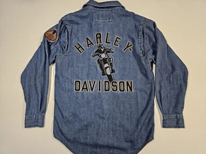 Camisa Harley Davidson De Colección Para Hombres S Denim Manga Larga Abotonada Parches Azules - Imagen 1 de 9