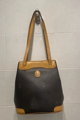 Mark Cross Vintage Herringbone Grey & Black/Tan- Leather/Canvas Bucket Tote Bag - Image 1 of 4
