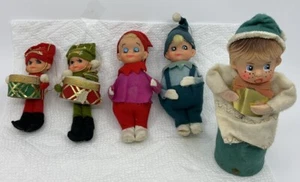 Vintage Christmas Pixie Elves Drummer Boy and Caroler Rubber Face Japan Set of 5 - Picture 1 of 14