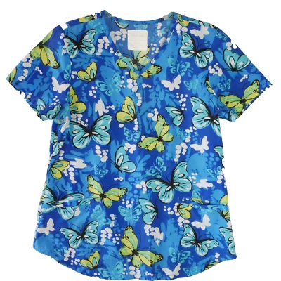 Cherokee Womens Size M Blue Scrub Butterflies Print V Neck Top - Image 1 of 4