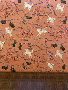 Reproduction dolls house wallpaper - Lambs & Rabbits Pink - Picture 1 of 1